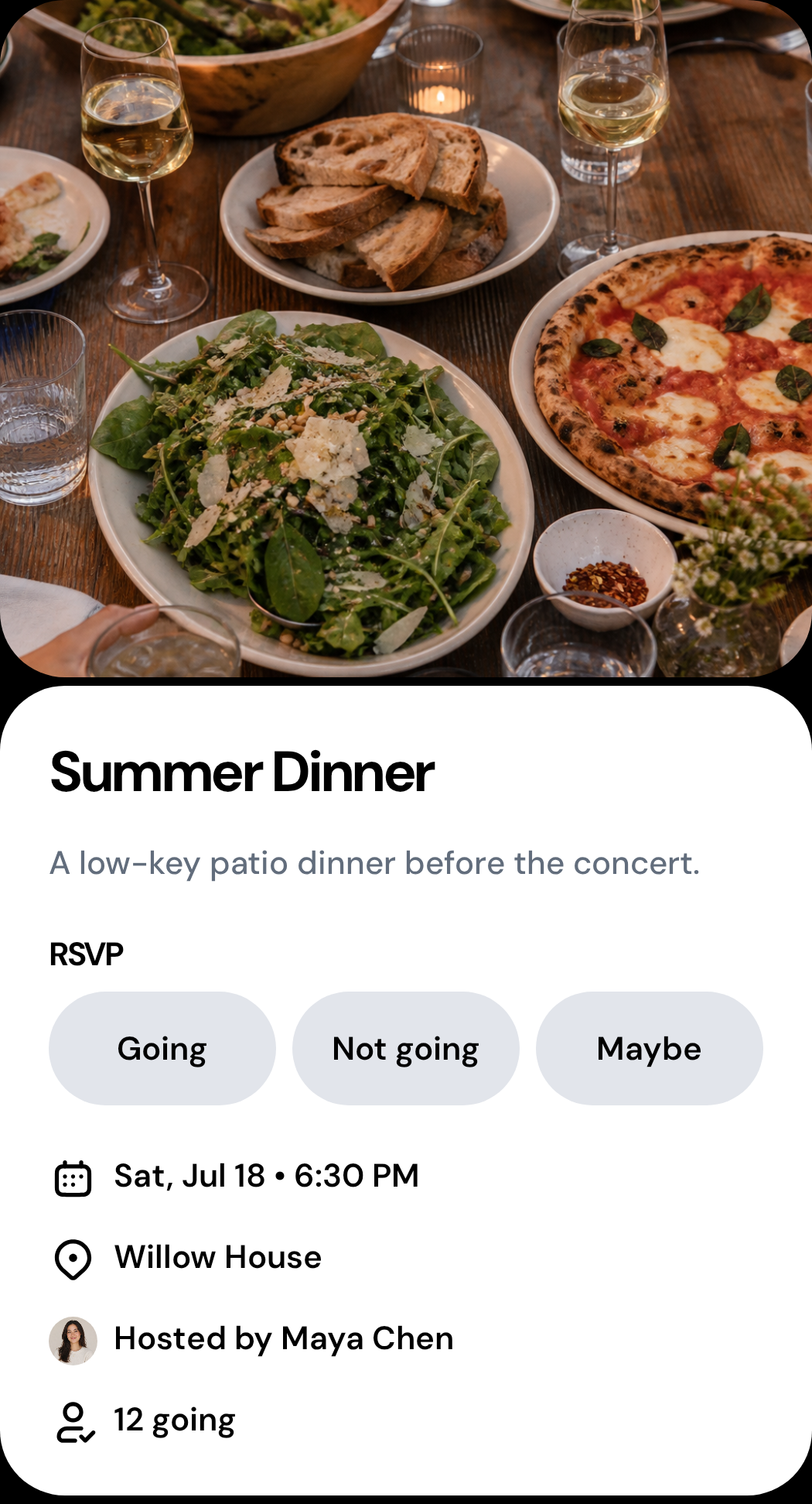 A Hostly event invitation with Going, Not going, and Maybe choices